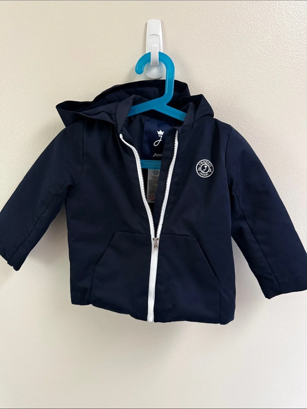 Baby Boy Navy Hooded Zip Jacket with White Zipper